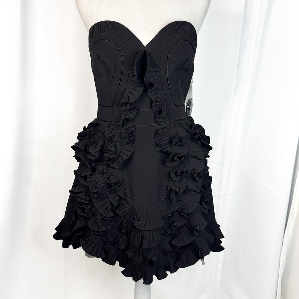 Karen Millen Dress US 6 Black Strapless Halter Corset Ruffle Pleated Mini EUC